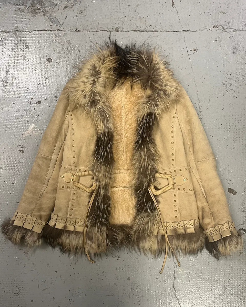 2000s Roberto Cavalli Fur Collar Royal Golden Studded Shearling Jacket NfmPHCD 3
