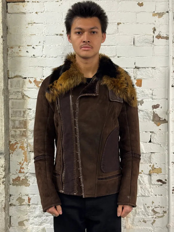 2000s Roberto Cavalli Fur Shearling Brown Leather Jacket rBIlsqi 1