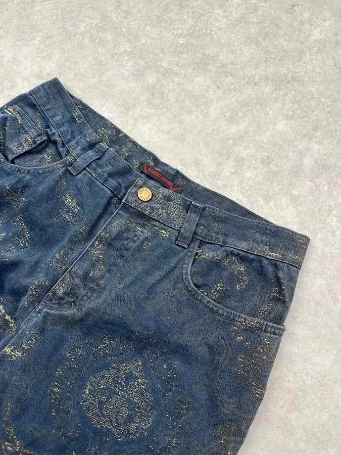 2000s Roberto Cavalli Gold Mosaic Navy Denim Jeans mzSHngM 5