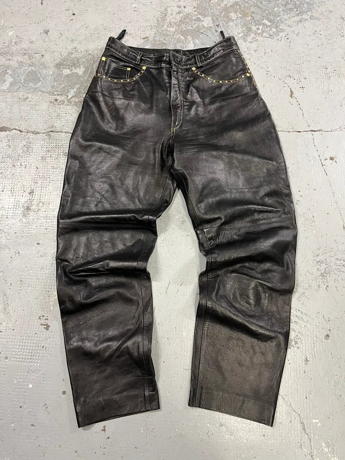 2000s Roberto Cavalli Gold studded Black Leather Pant ECSbWmQ 0