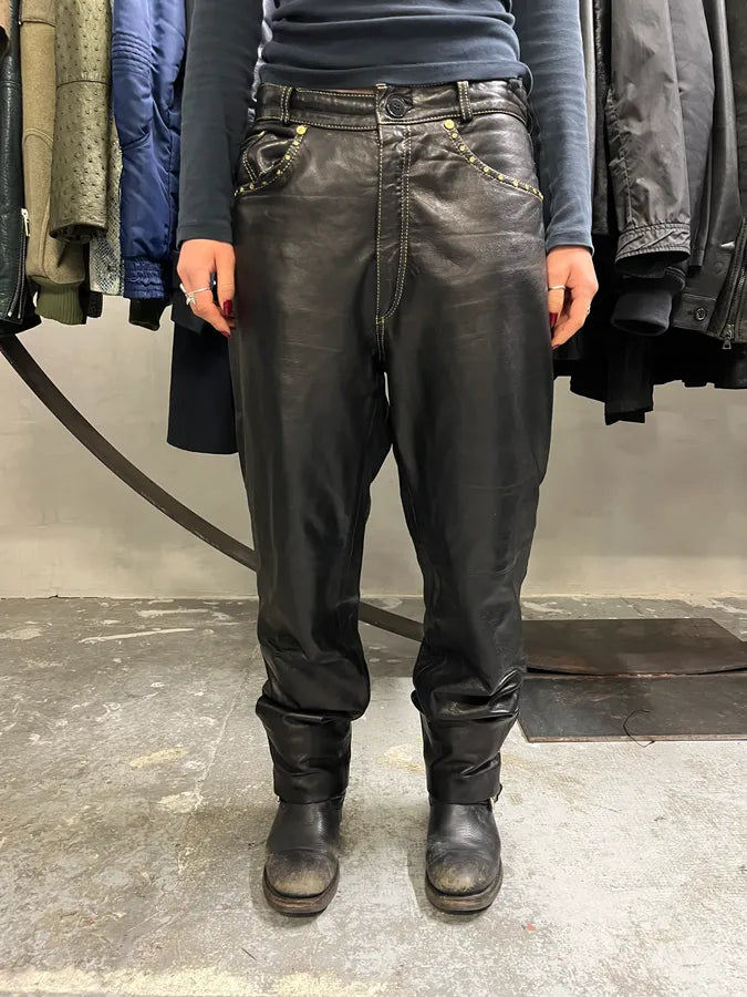 2000s Roberto Cavalli Gold studded Black Leather Pant ECSbWmQ 1