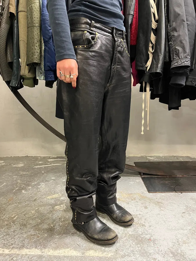 2000s Roberto Cavalli Gold studded Black Leather Pant ECSbWmQ 3