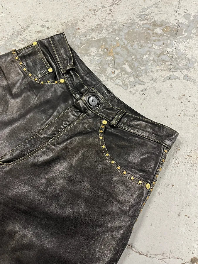 2000s Roberto Cavalli Gold studded Black Leather Pant ECSbWmQ 5