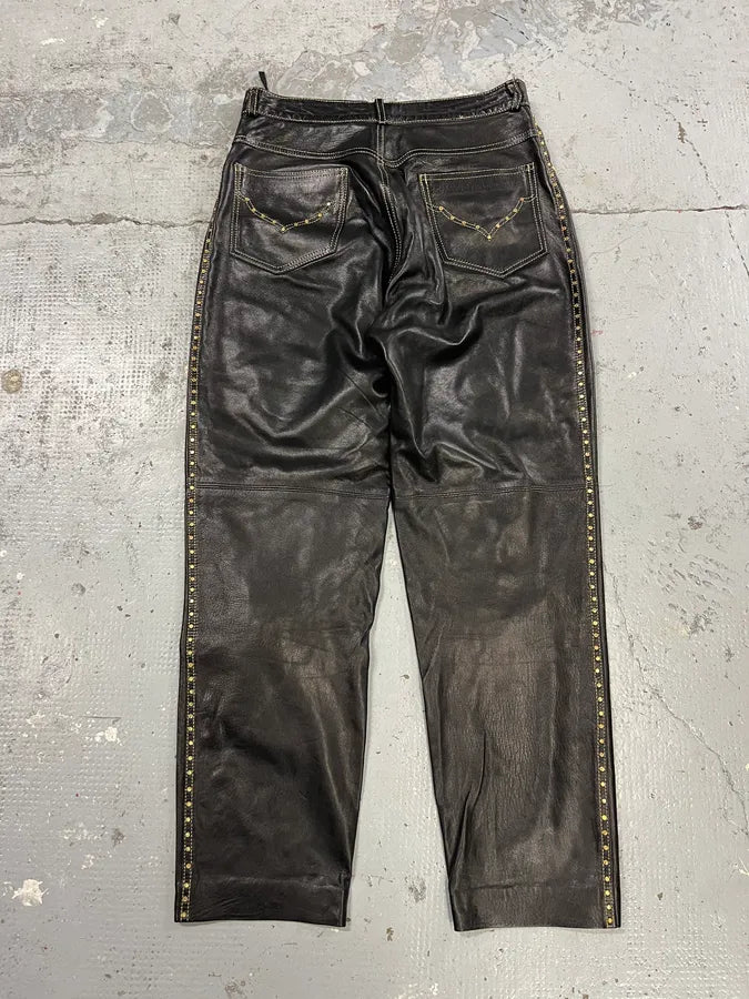 2000s Roberto Cavalli Gold studded Black Leather Pant ECSbWmQ 6