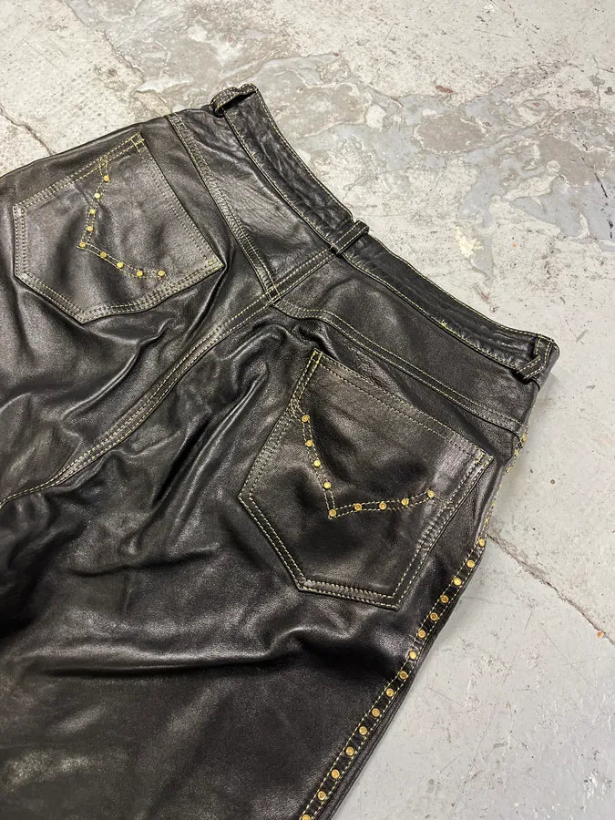 2000s Roberto Cavalli Gold studded Black Leather Pant ECSbWmQ 7