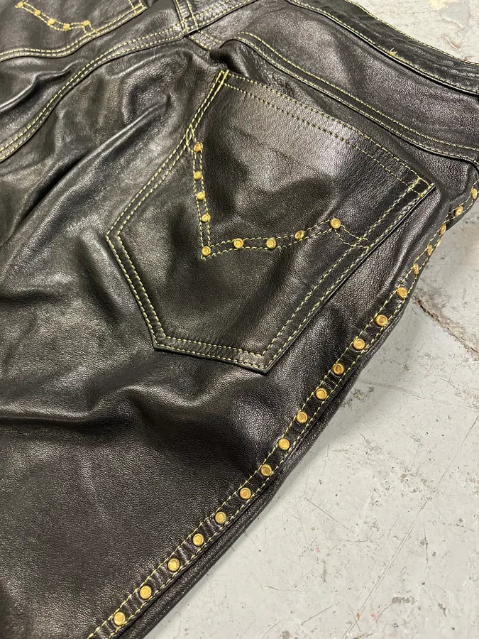2000s Roberto Cavalli Gold studded Black Leather Pant ECSbWmQ 8