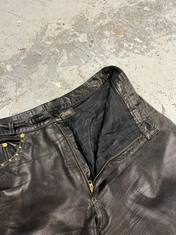 2000s Roberto Cavalli Gold studded Black Leather Pant ECSbWmQ 9