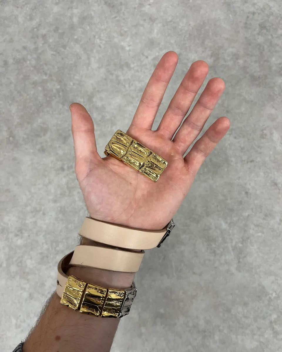 2000s Roberto Cavalli Golden & Silver Crocodile Skin Effect Leather Belt LXHlWoV 0