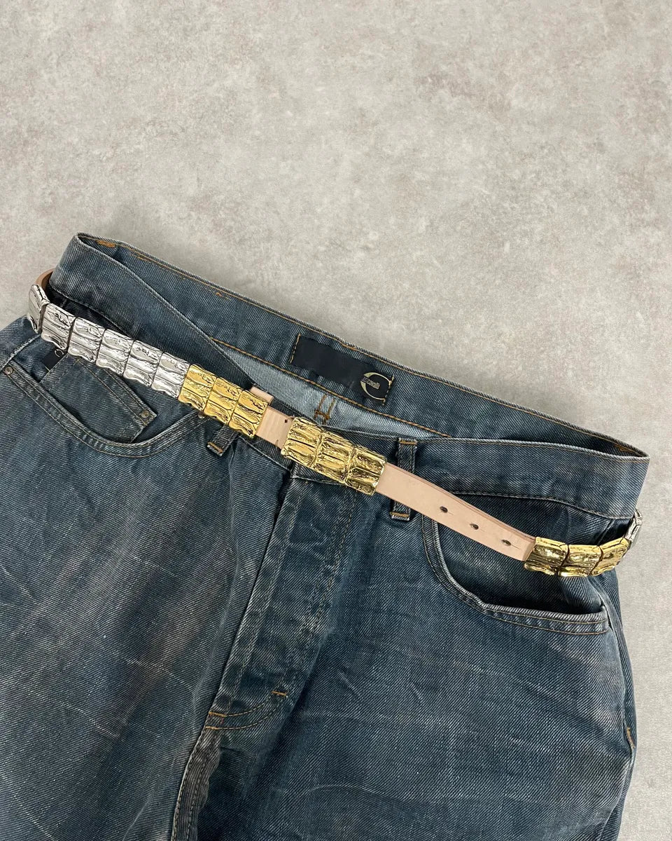 2000s Roberto Cavalli Golden & Silver Crocodile Skin Effect Leather Belt LXHlWoV 1