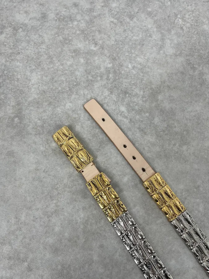 2000s Roberto Cavalli Golden & Silver Crocodile Skin Effect Leather Belt LXHlWoV 3