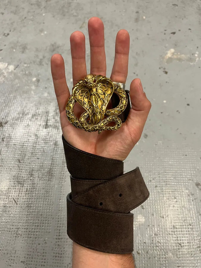 2000s Roberto Cavalli Golden Cobra Brown Leather Belt jkVAAuo 0