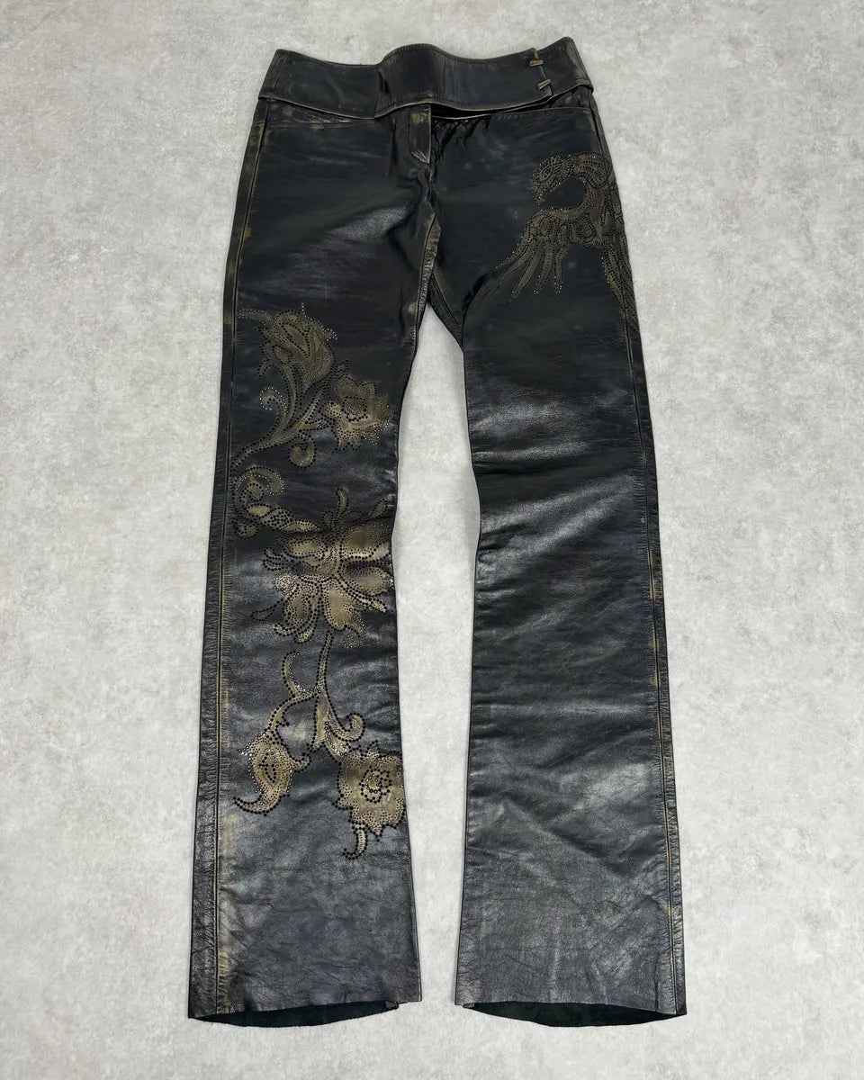 2000s Roberto Cavalli Golden Flowers Black Leather Pants fkQTBdR 0