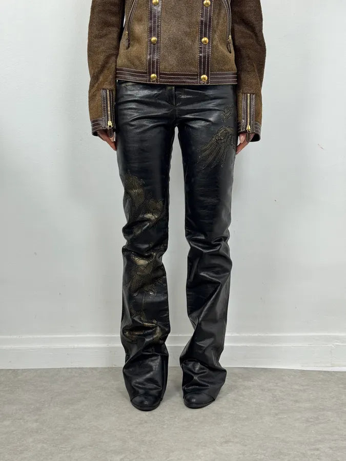 2000s Roberto Cavalli Golden Flowers Black Leather Pants fkQTBdR 1
