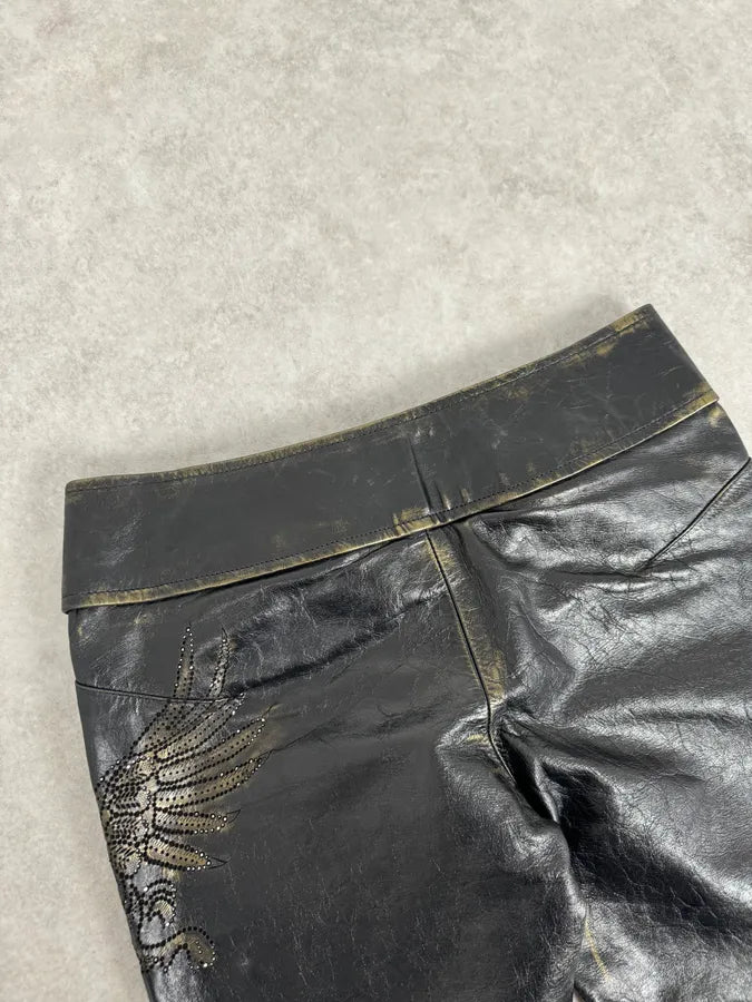 2000s Roberto Cavalli Golden Flowers Black Leather Pants fkQTBdR 10