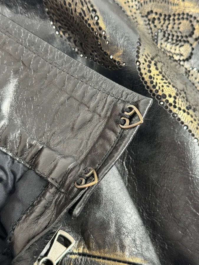 2000s Roberto Cavalli Golden Flowers Black Leather Pants fkQTBdR 11