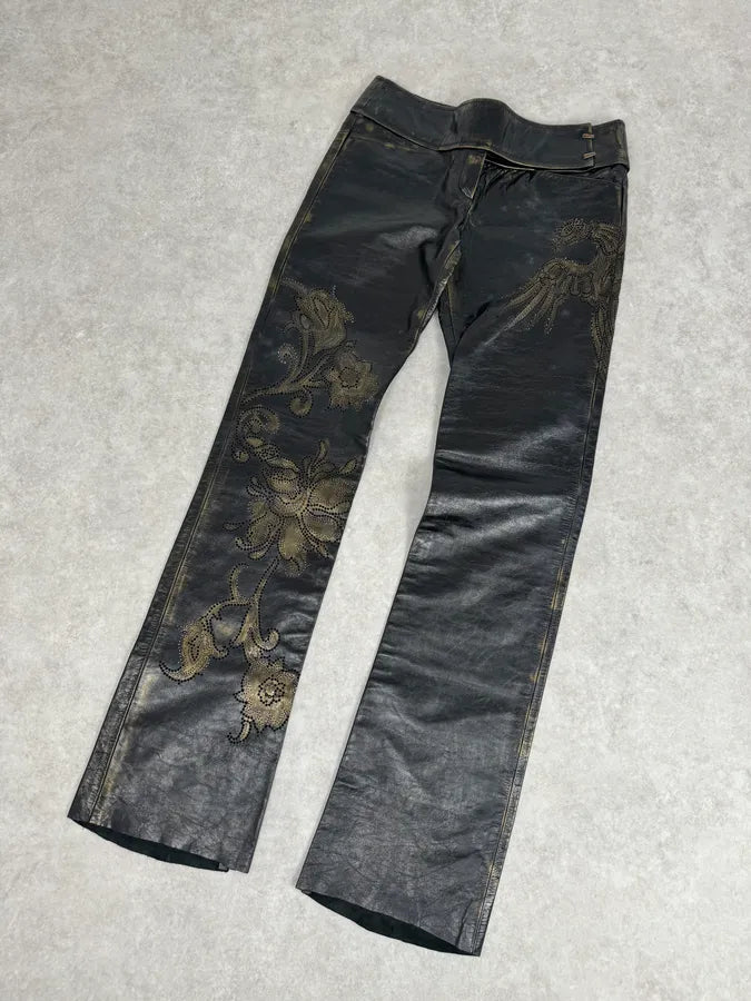 2000s Roberto Cavalli Golden Flowers Black Leather Pants fkQTBdR 2