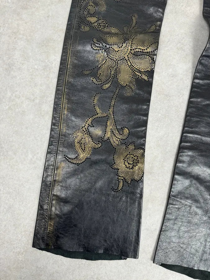 2000s Roberto Cavalli Golden Flowers Black Leather Pants fkQTBdR 3