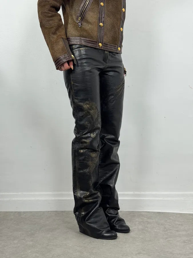 2000s Roberto Cavalli Golden Flowers Black Leather Pants fkQTBdR 5