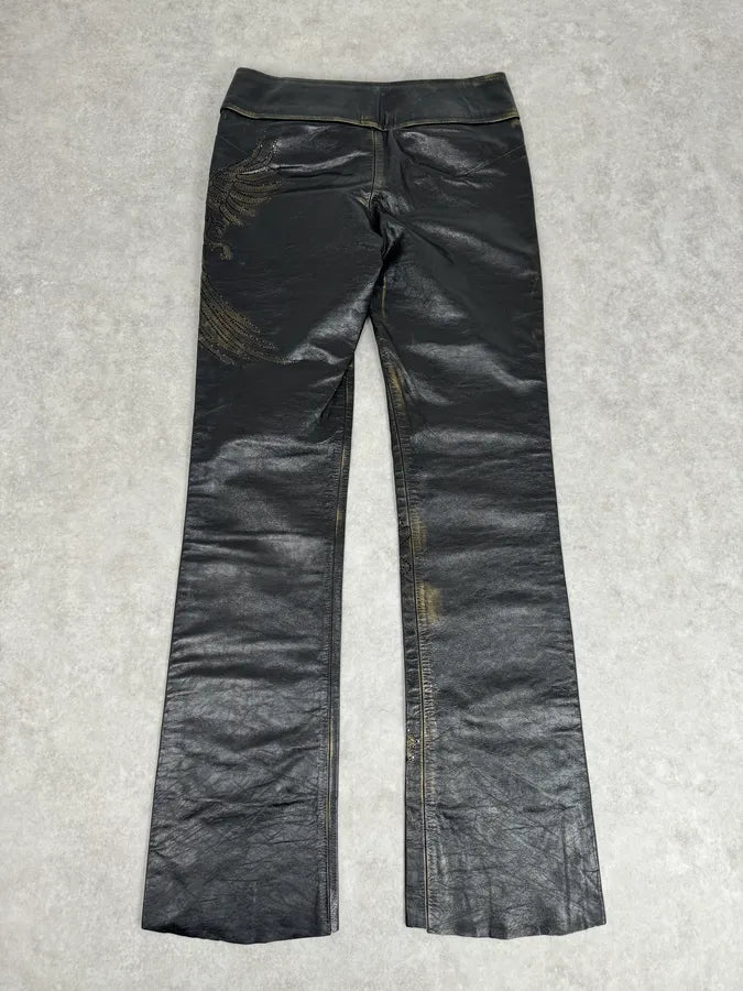 2000s Roberto Cavalli Golden Flowers Black Leather Pants fkQTBdR 6