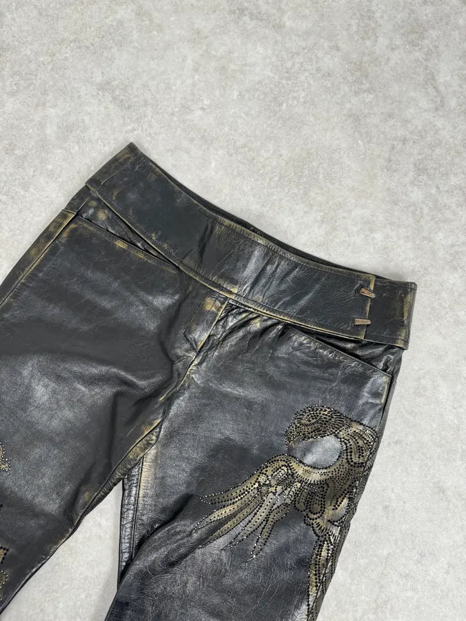 2000s Roberto Cavalli Golden Flowers Black Leather Pants fkQTBdR 7