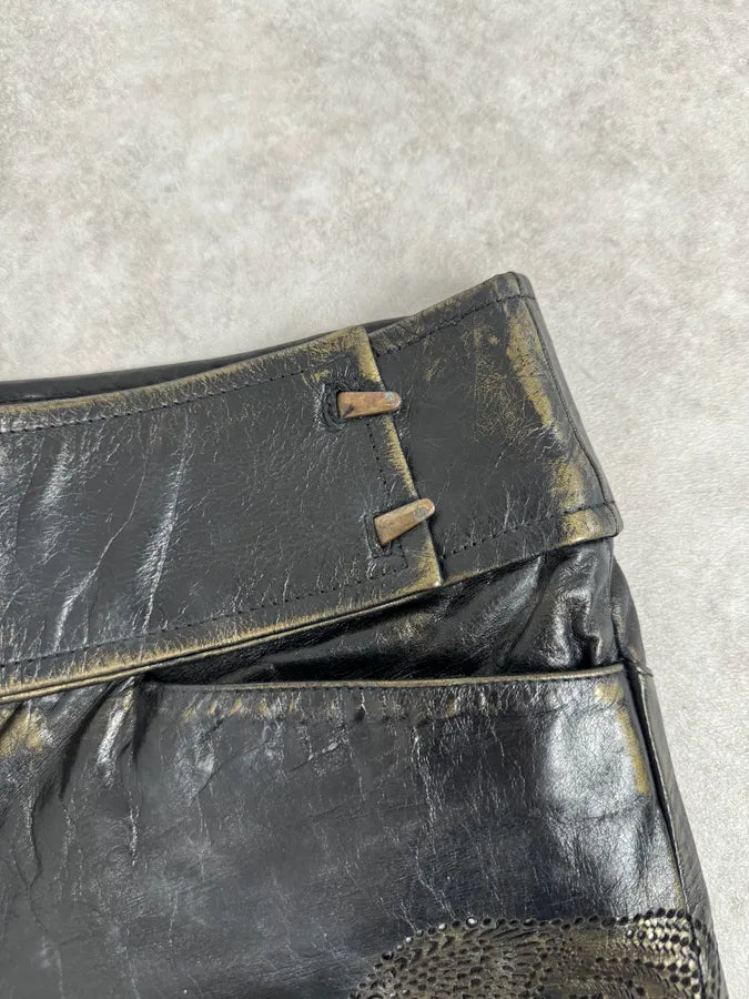 2000s Roberto Cavalli Golden Flowers Black Leather Pants fkQTBdR 8