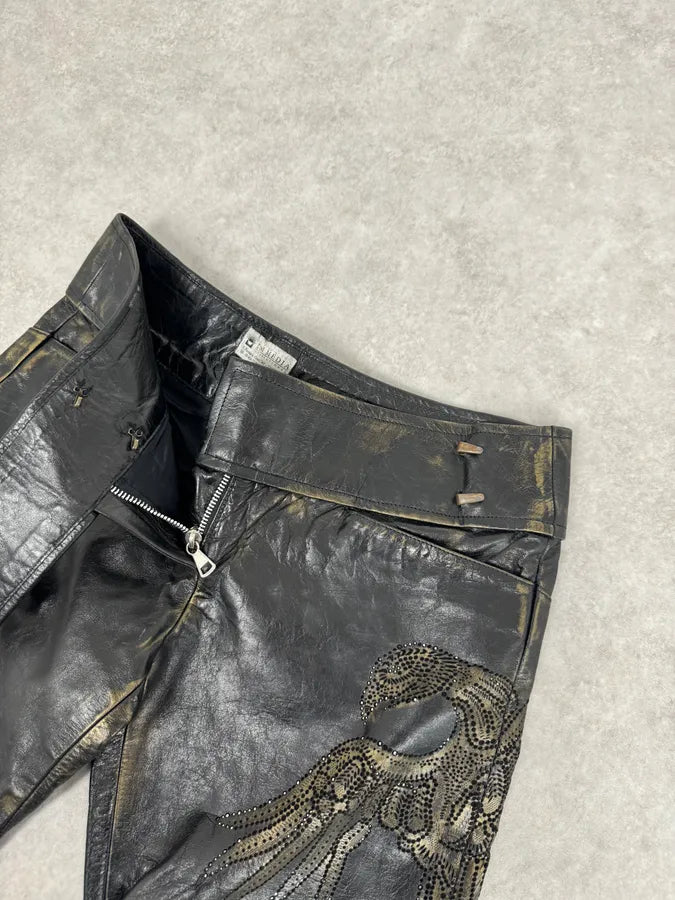2000s Roberto Cavalli Golden Flowers Black Leather Pants fkQTBdR 9