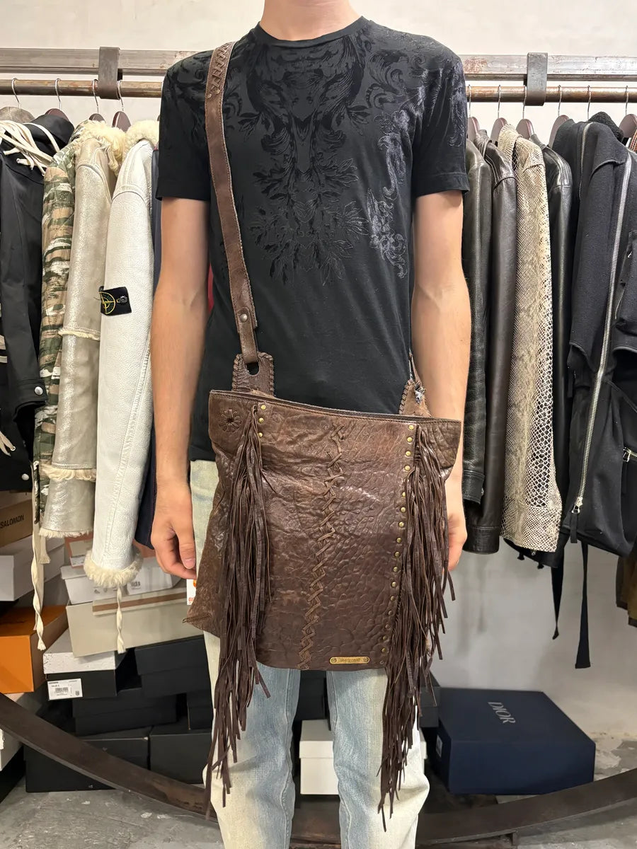 2000s Roberto Cavalli Grain Brown Leather Fringe Shoulder Bag AQAvPIt 0
