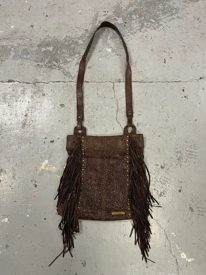 2000s Roberto Cavalli Grain Brown Leather Fringe Shoulder Bag AQAvPIt 1