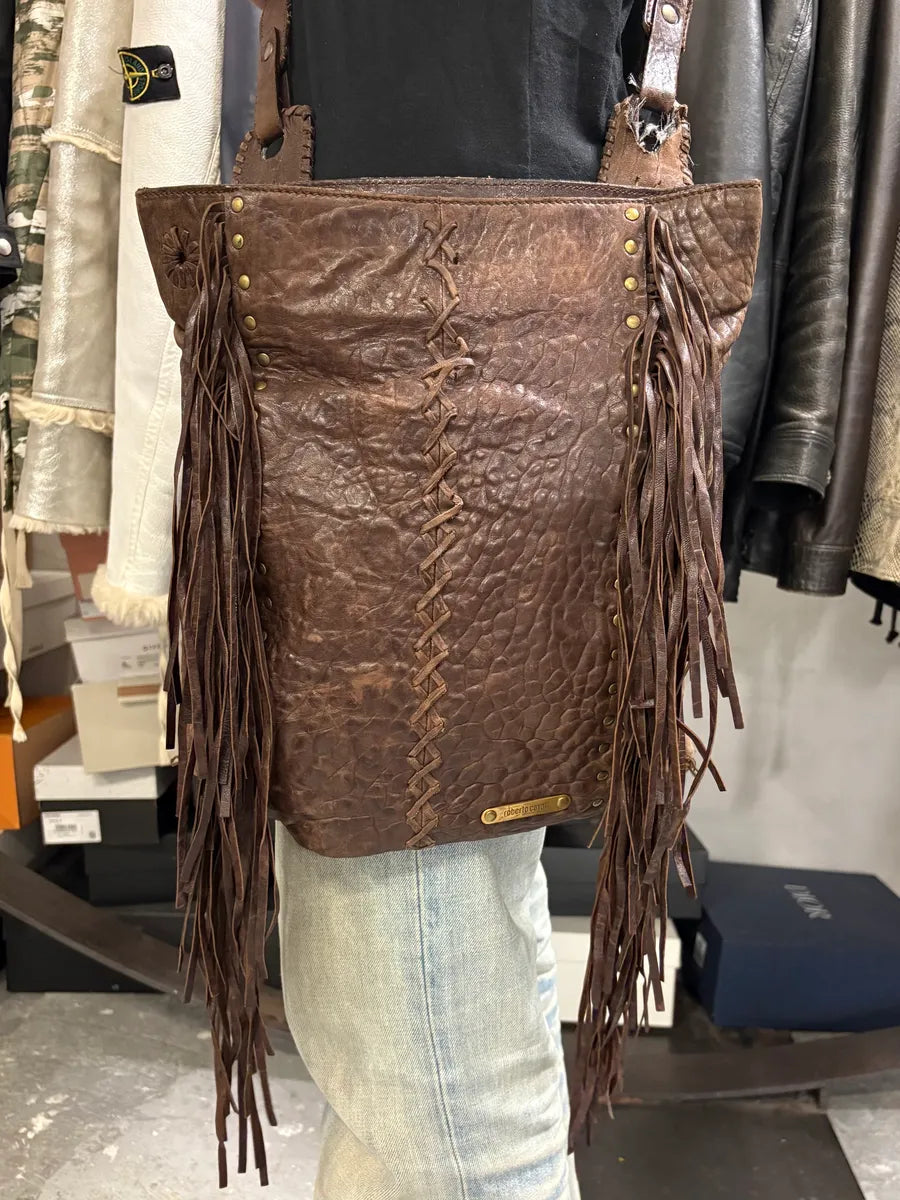 2000s Roberto Cavalli Grain Brown Leather Fringe Shoulder Bag AQAvPIt 2