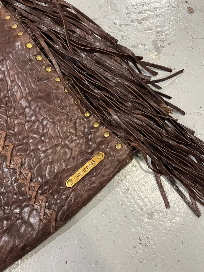 2000s Roberto Cavalli Grain Brown Leather Fringe Shoulder Bag AQAvPIt 3