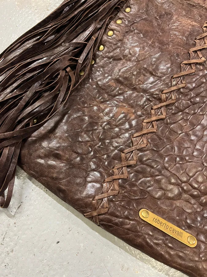 2000s Roberto Cavalli Grain Brown Leather Fringe Shoulder Bag AQAvPIt 4