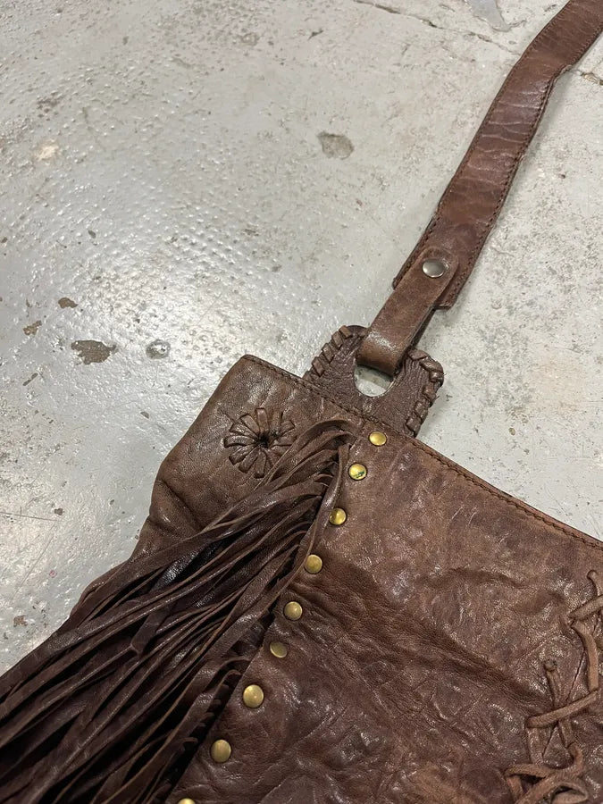 2000s Roberto Cavalli Grain Brown Leather Fringe Shoulder Bag AQAvPIt 5