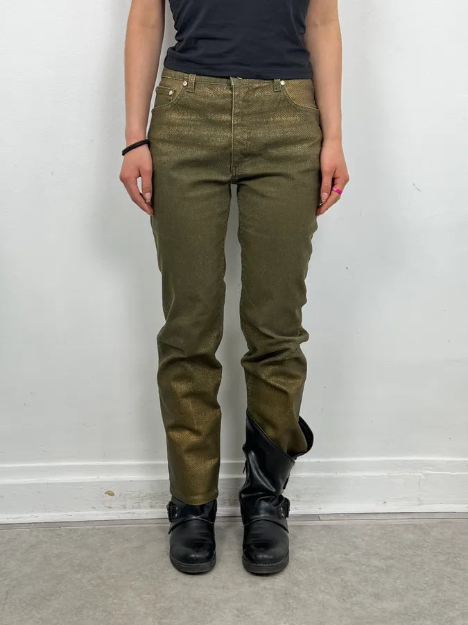 2000s Roberto Cavalli Green & Gold Shiny Overprint Pants POGvhwt 1
