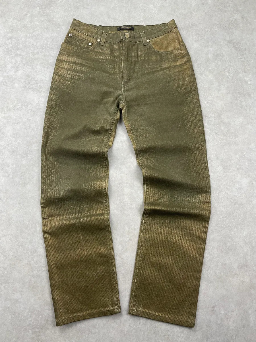 2000s Roberto Cavalli Green & Gold Shiny Overprint Pants POGvhwt 0