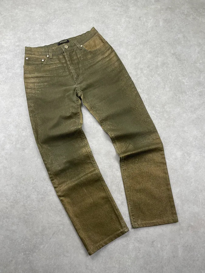 2000s Roberto Cavalli Green & Gold Shiny Overprint Pants POGvhwt 5