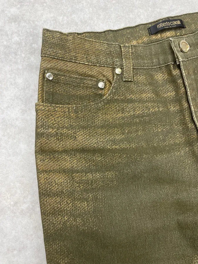 2000s Roberto Cavalli Green & Gold Shiny Overprint Pants POGvhwt 6