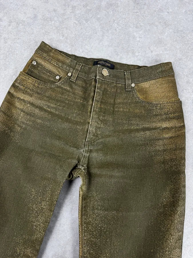 2000s Roberto Cavalli Green & Gold Shiny Overprint Pants POGvhwt 5