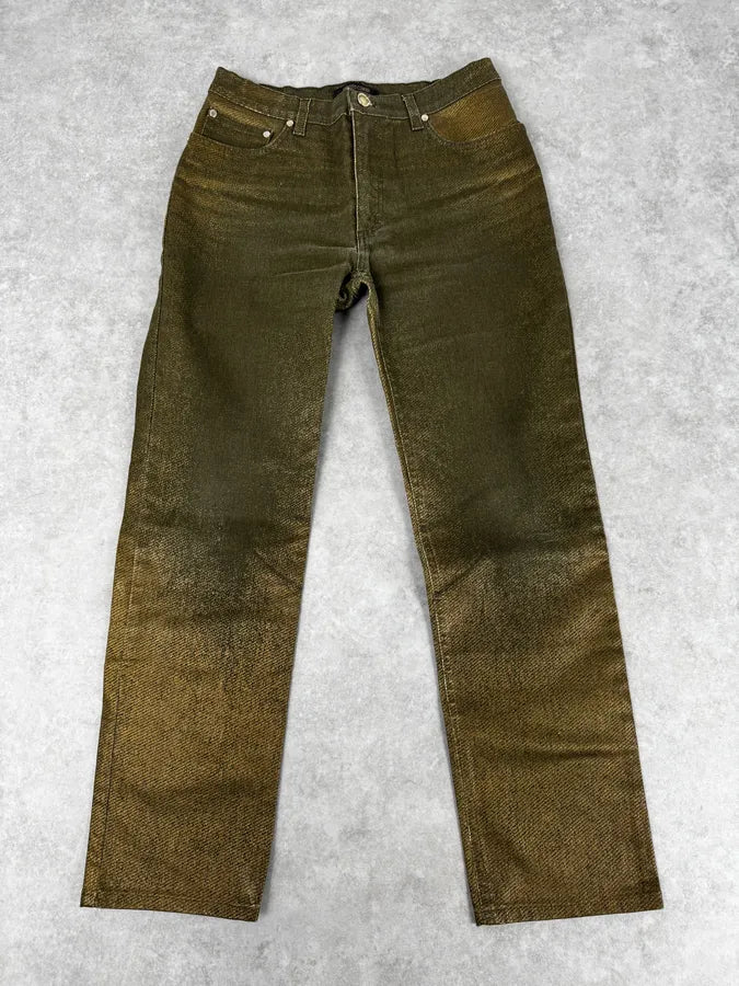 2000s Roberto Cavalli Green & Gold Shiny Overprint Pants POGvhwt 0