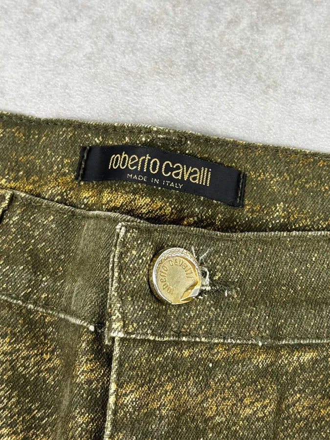 2000s Roberto Cavalli Green & Gold Shiny Overprint Pants POGvhwt 8