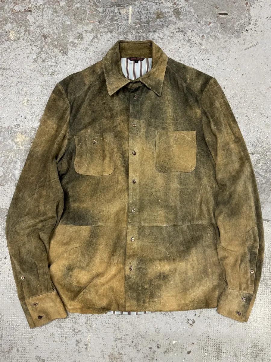 2000s Roberto Cavalli Green Faded Dust Leather Shirt TUAtgfk 0