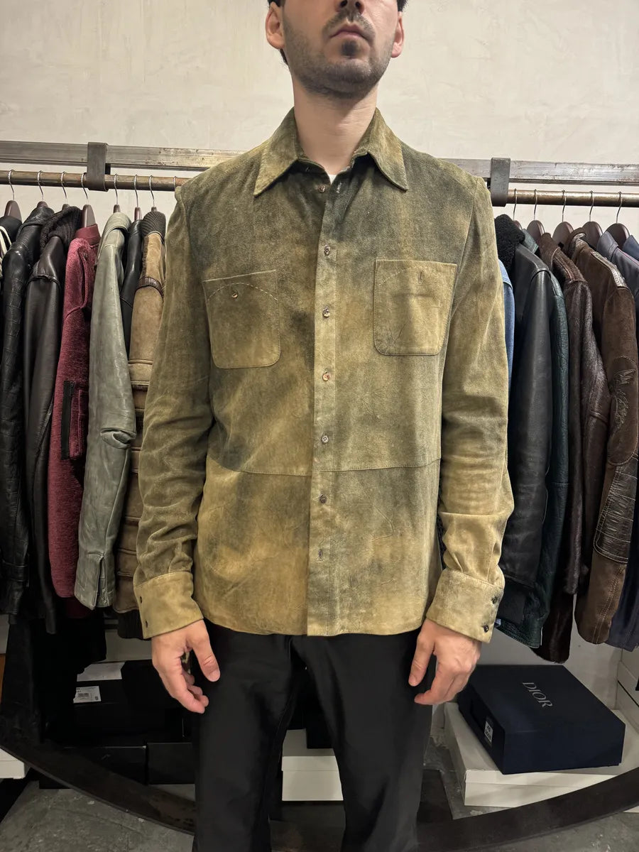 2000s Roberto Cavalli Green Faded Dust Leather Shirt TUAtgfk 2