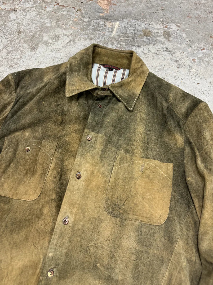 2000s Roberto Cavalli Green Faded Dust Leather Shirt TUAtgfk 4