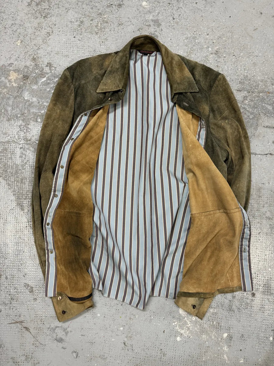 2000s Roberto Cavalli Green Faded Dust Leather Shirt TUAtgfk 5