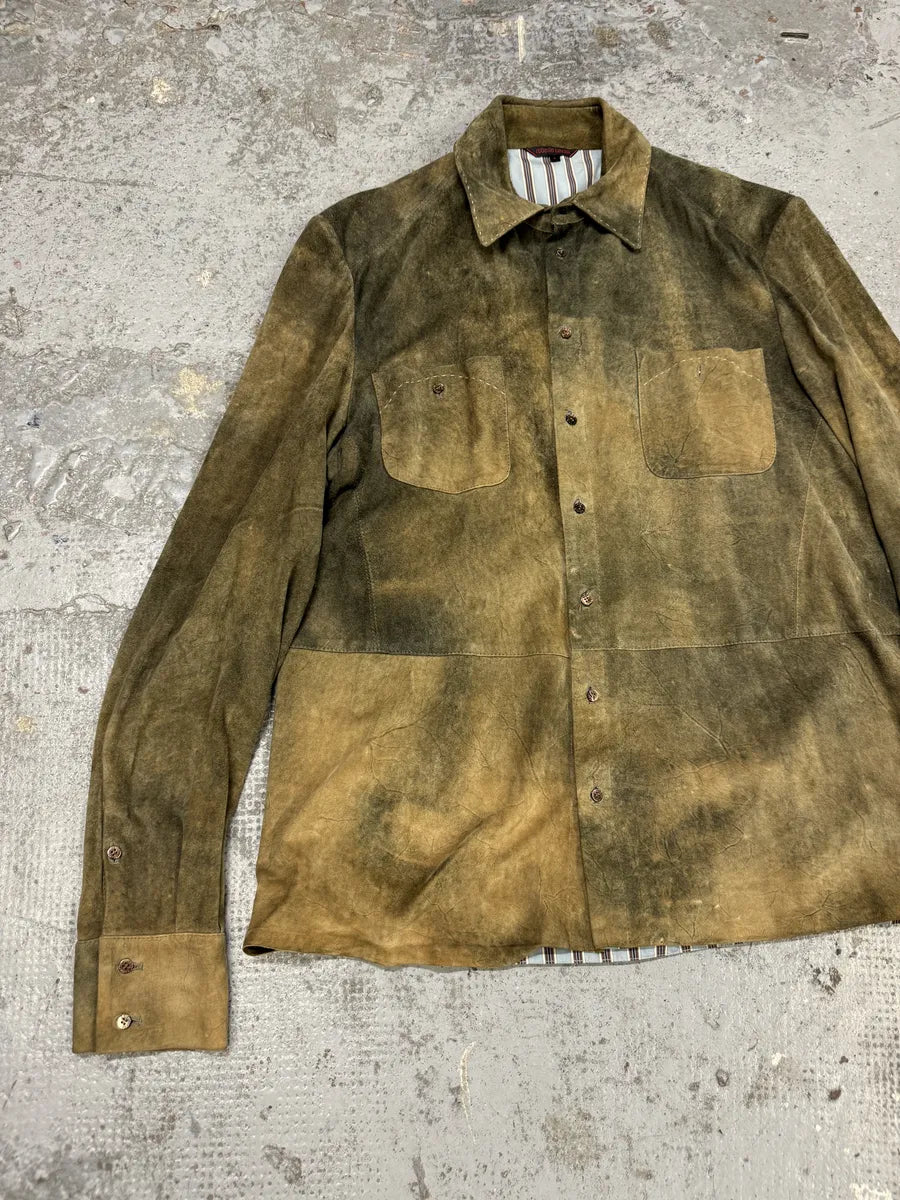 2000s Roberto Cavalli Green Faded Dust Leather Shirt TUAtgfk 6