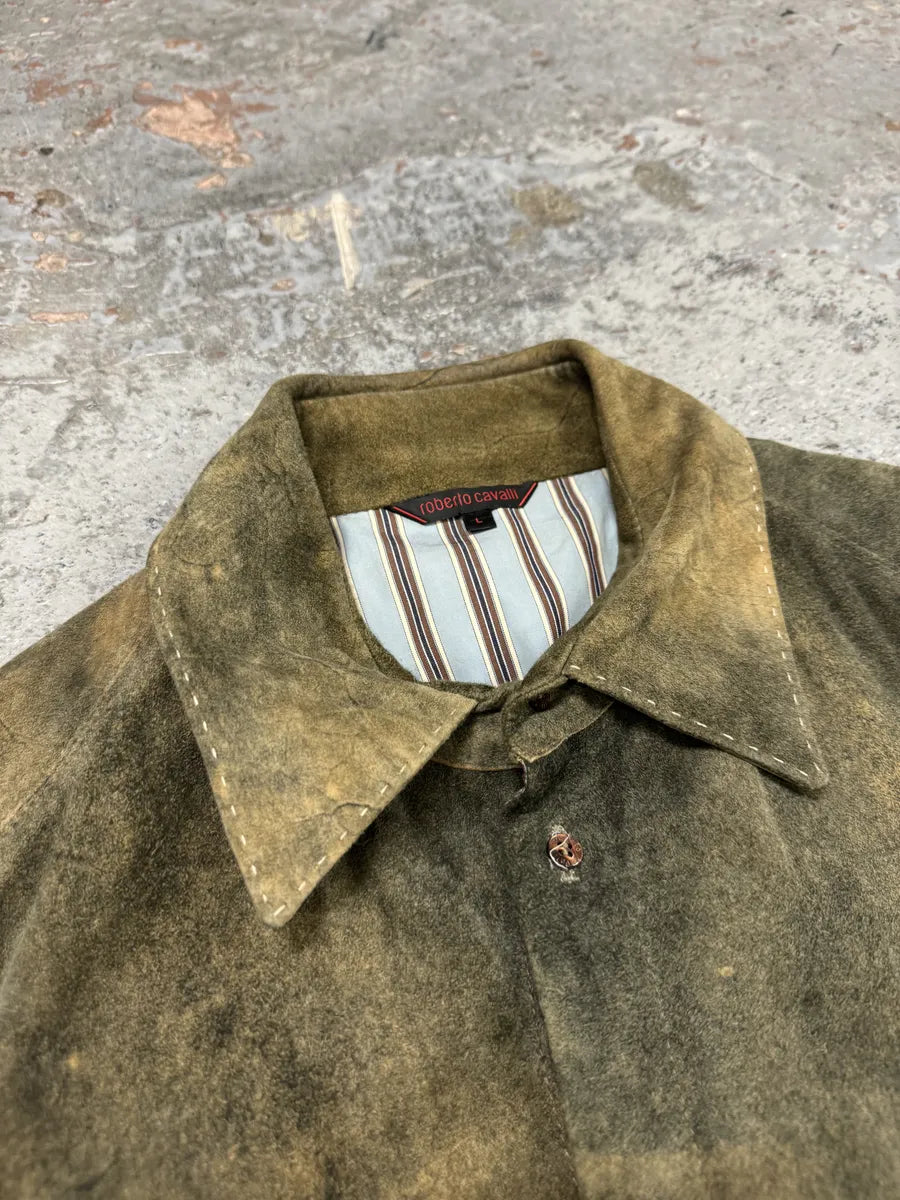 2000s Roberto Cavalli Green Faded Dust Leather Shirt TUAtgfk 8