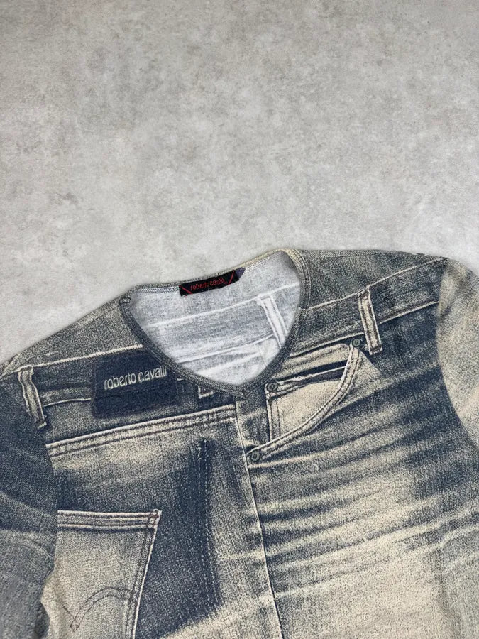 2000s Roberto Cavalli Grey Faded Denim Effect T-Shirt vywdIee 4