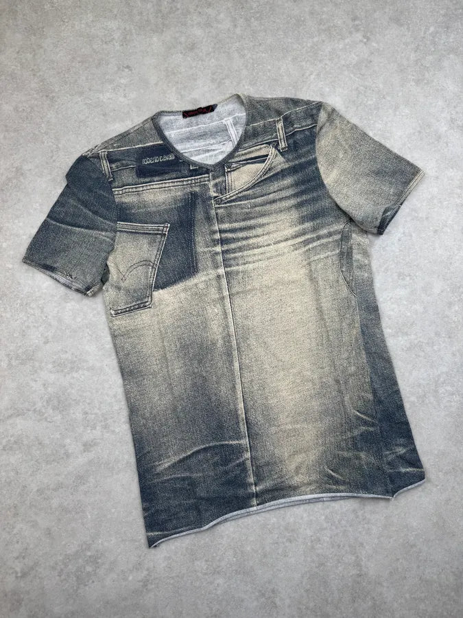 2000s Roberto Cavalli Grey Faded Denim Effect T-Shirt vywdIee 3