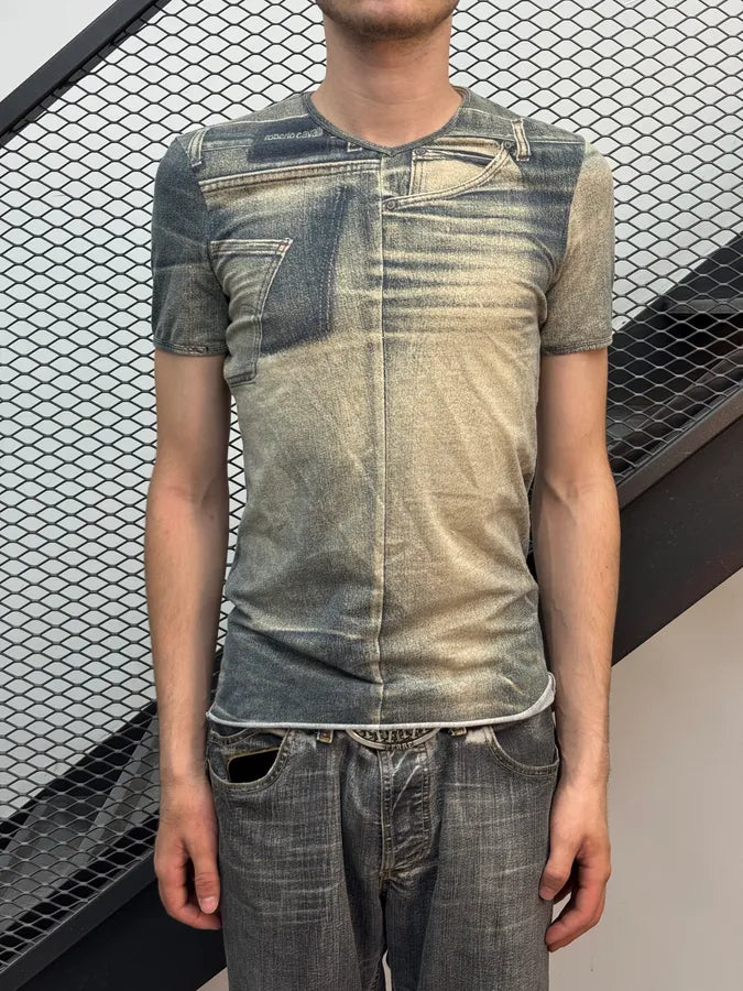 2000s Roberto Cavalli Grey Faded Denim Effect T-Shirt vywdIee 1