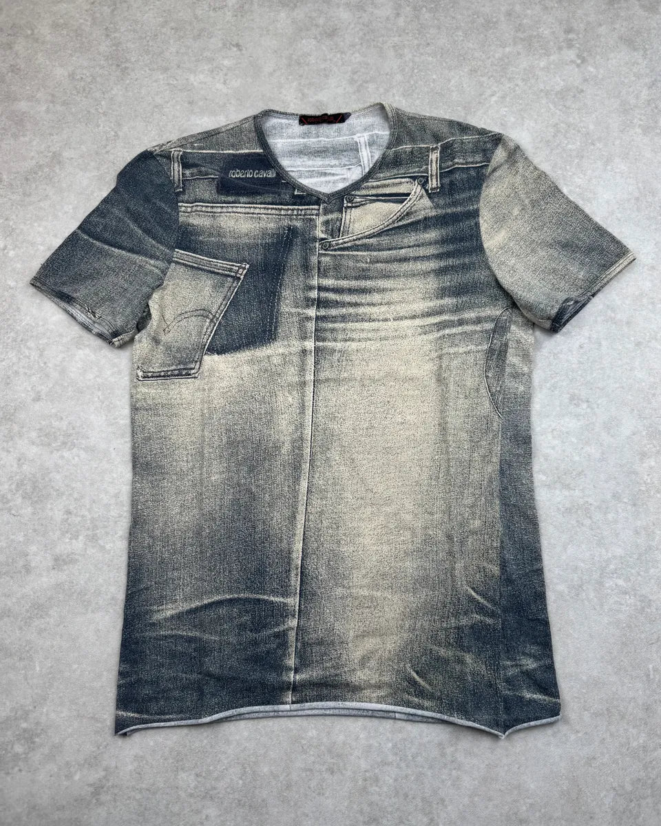 2000s Roberto Cavalli Grey Faded Denim Effect T-Shirt vywdIee 0
