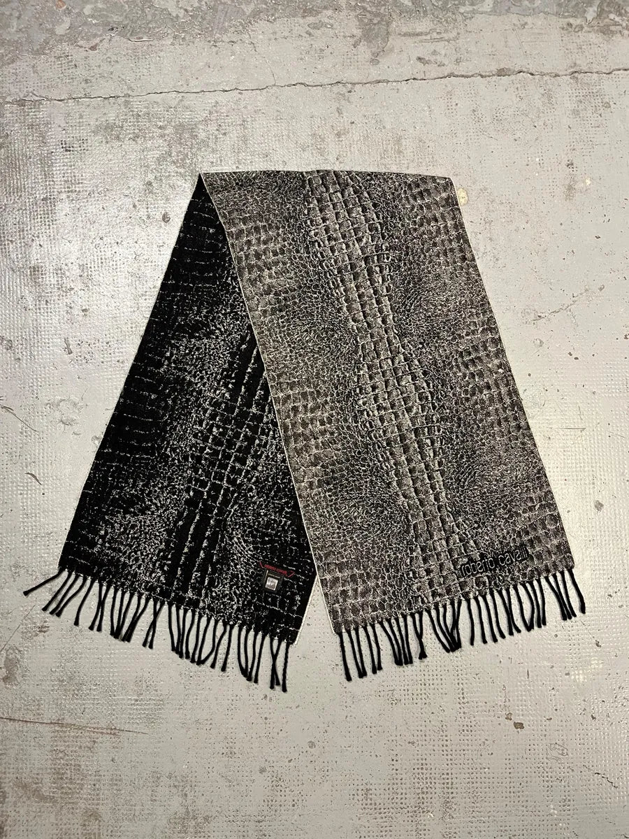 2000s Roberto Cavalli Grey & Black Crocodile Effect Scarf GikEubX 3